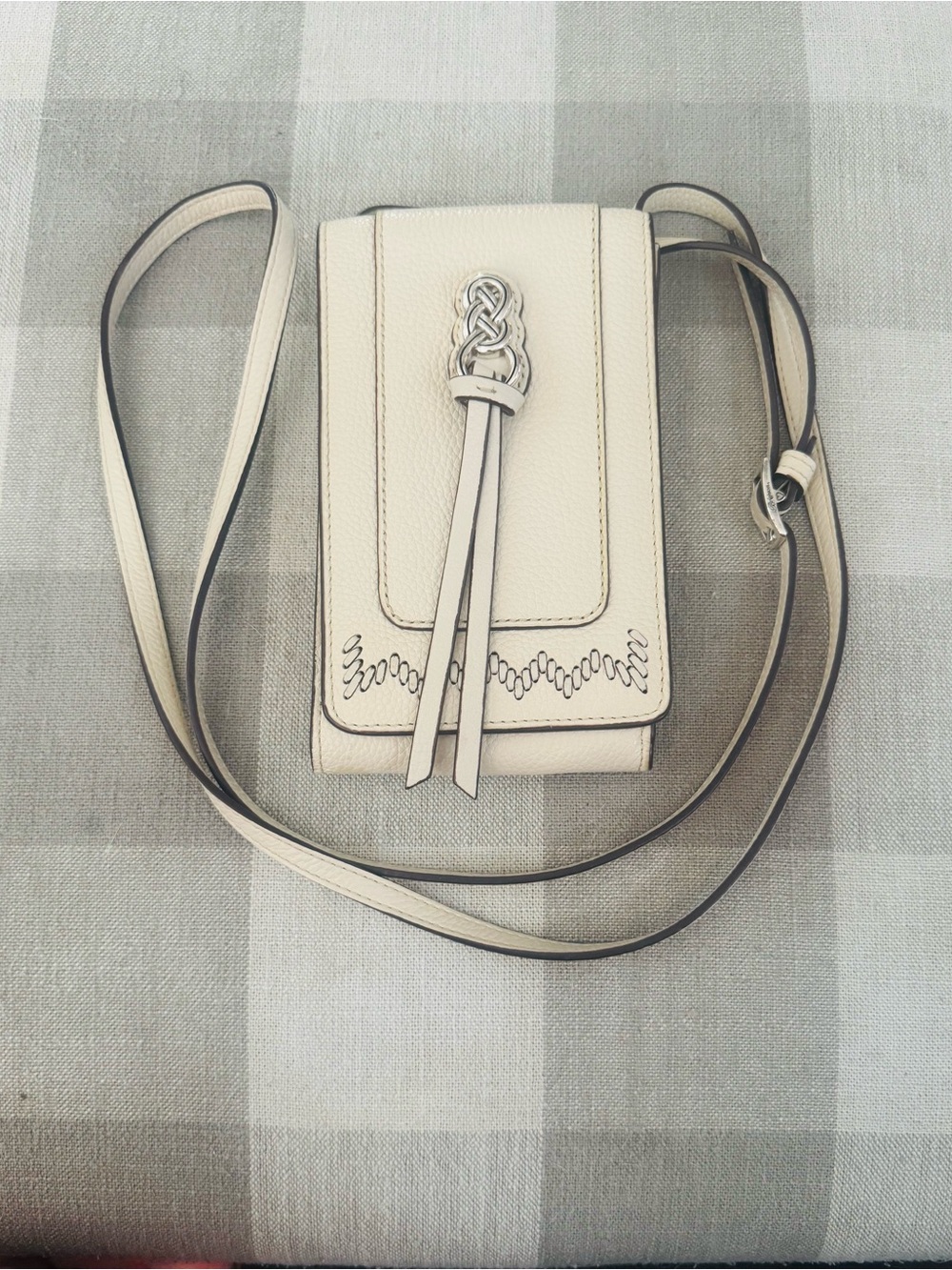 Brighton Interlok Shoe White Leather Crossbody Phone Bag with Tassel